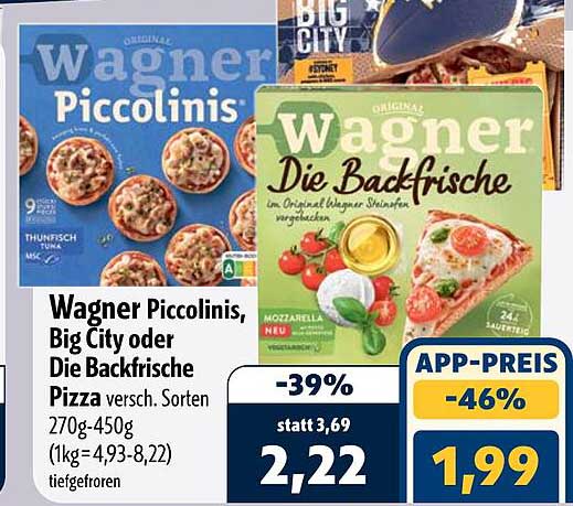 Wagner Piccolinis, Big City oder Die Backfrische Pizza versch. Sorten 270g-450g (1kg=4,93-8,22) tiefgefroren