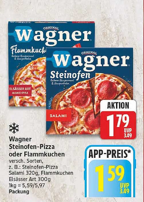 Wagner Steinofen-Pizza oder Flammkuchen versch. Sorten, z. B.: Steinofen-Pizza Salami 320g, Flammkuchen Elsässer Art 300g 1kg = 5,59/5,97 Packung
