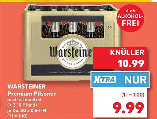WARSTEINER Premium Pilsener auch alkoholfrei (+ 3.10 Pfand) je Ka. 20 x 0,5-l-Fl. (1 l = 1.10)