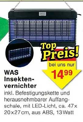 WAS Insektenvernichter inkl. Befestigungskette und herausnehmbarer Auffangschale, mit LED-Licht, ca. 47 x 20 x 27 cm, 13 Watt