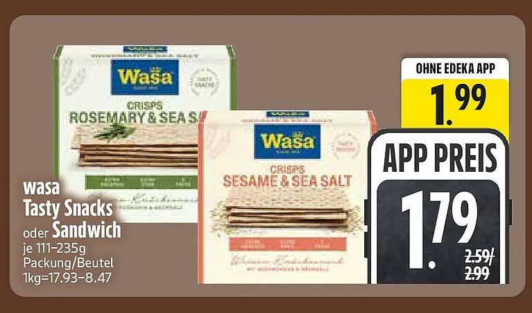 wasa Tasty Snacks oder Sandwich je 111–235g Packung/Beutel 1kg=17.93–8.47
