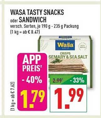 WASA TASTY SNACKS oder SANDWICH versch. Sorten, je 190 g - 235 g Packung (1 kg = ab € 8.47)