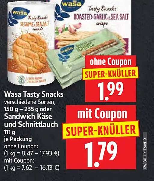 Wasa Tasty Snacks verschiedene Sorten, 150 g – 235 g oder Sandwich Käse und Schnittlauch 111 g je Packung