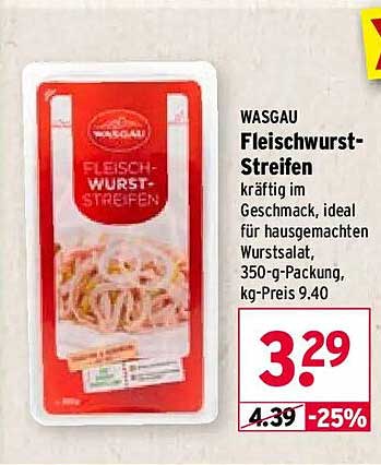 WASGAU Fleischwurst-Streifen kräftig im Geschmack, ideal für hausgemachten Wurstsalat, 350-g-Packung, kg-Preis 9.40