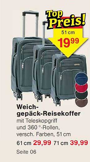 Weich-gepäck-Reisekoffer mit Teleskopgriff und 360°-Rollen, versch. Farben, 51 cm