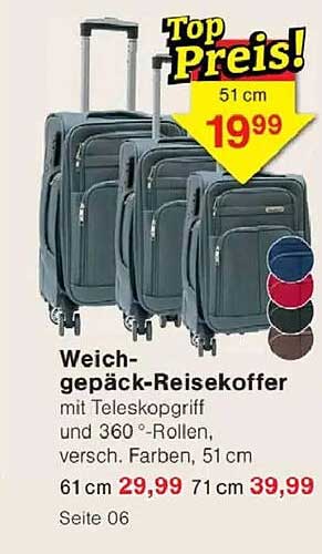 Weich- gepäck-Reisekoffer mit Teleskopgriff und 360 °-Rollen, versch. Farben, 51 cm