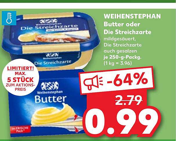 WEIHENSTEPHAN Butter oder Die Streichzarte mildgesäuert, Die Streichzarte auch gesalzen je 250-g-Packg. (1 kg = 3.96)