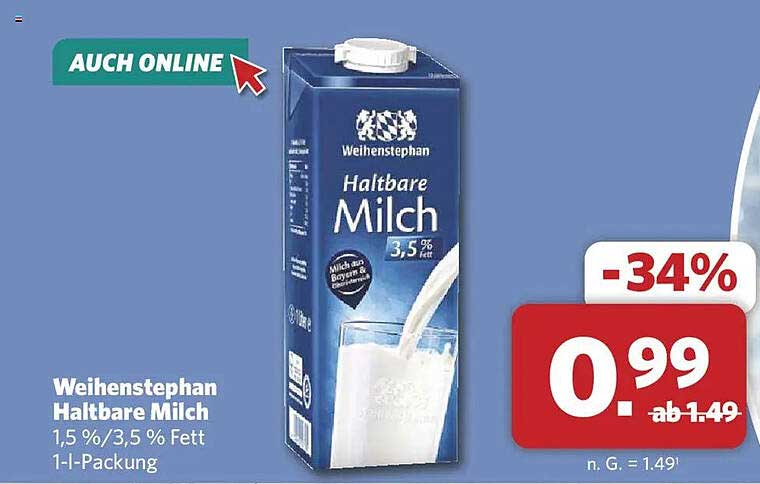 Weihenstephan Haltbare Milch 1,5 %, 3,5 % Fett 1-l-Packung