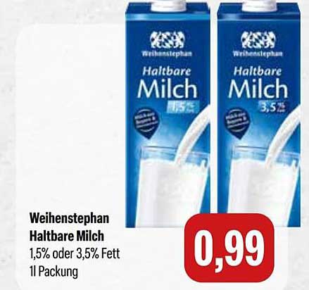 Weihenstephan Haltbare Milch 1,5% oder 3,5% Fett 1l Packung