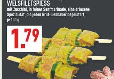 WELSFILETSPIESS mit Zucchini, in feiner Senfmarinade, eine erlesene Spezialität, die jeden Grill-Liebhaber begeistert, je 100 g