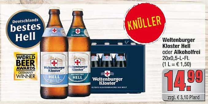 Weltenburger Kloster Hell oder Alkoholfrei 20x0,5-L-Fl. (1 L = € 1,50)