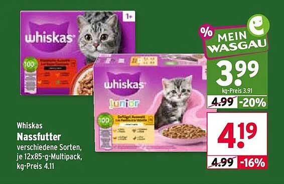 Whiskas Nassfutter verschiedene Sorten, je 12x85-g-Multipack, kg-Preis 4.11