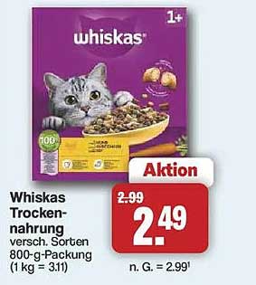 Whiskas Trocken-nahrung versch. Sorten 800-g-Packung (1 kg = 3.11)