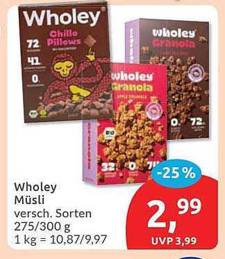 Wholey Müsli versch. Sorten 275/300 g 1 kg = 10,87/9,97