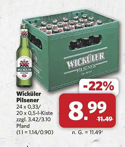 Wicküler Pilsener 24 x 0,33/20 x 0,5-l-Kiste zzgl. 3.42/3.10 Pfand (1 l = 1.14/0.90)