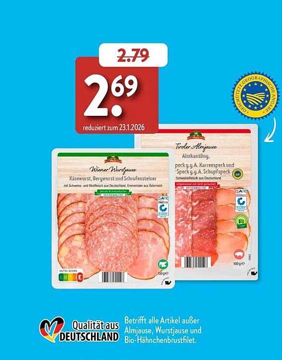 Wiener Wurstaus, Käsewurst, Bergwurst und Strohfensteiner mit Schweizer- und Rindfleisch aus Deutschland, Emmentaler aus Österreich