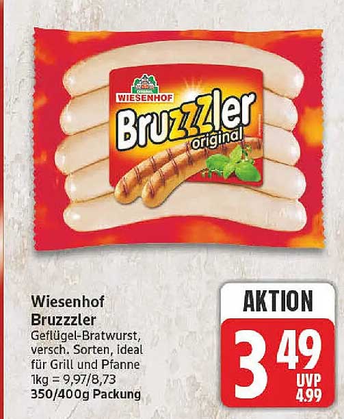 Wiesenhof Bruzzzler Geflügel-Bratwurst, versch. Sorten, ideal für Grill und Pfanne, 1kg = 9,97/8,73 350/400g Packung