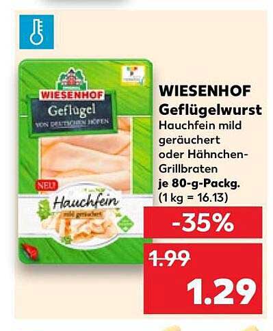 WIESENHOF Geflügelwurst Hauchfein mild geräuchert oder Hähnchen-Grillbraten je 80-g-Pack. (1 kg = 16.13)