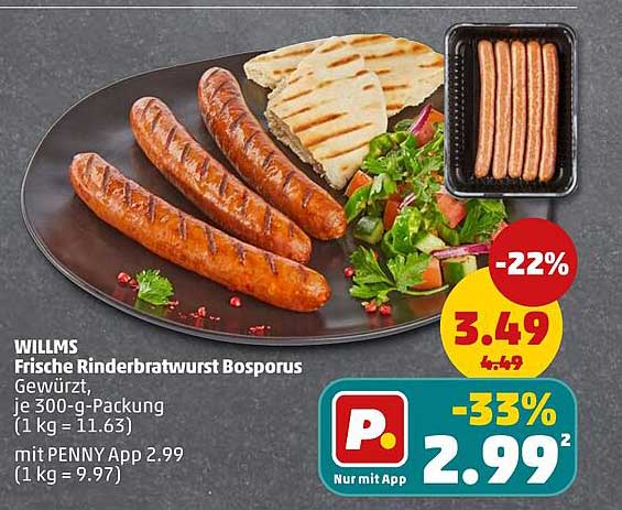 WILLMS Frische Rinderbratwurst Bosporus Gewürzt, je 300-g-Packung (1 kg = 11.63)