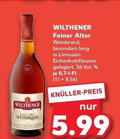 WILTHENER Feiner Alter Weinbrand, besonders lang in Limousin-Eichenholzfässern gelagert, 36 Vol. % je 0,7-l-Fl. (1 l = 8.56)