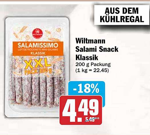 Wiltmann Salami Snack Klassik 200 g Packung (1 kg = 22.45)
