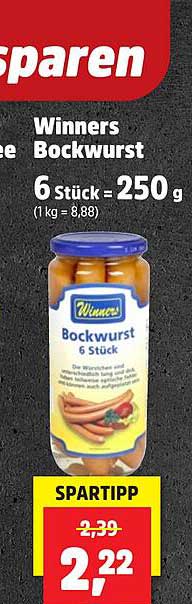 Winners Bockwurst 6 Stück = 250 g (1 kg = 8,88)