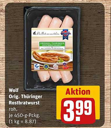 Wolf Orig. Thüringer Rostbratwurst roh, je 450-g-Packg. (1 kg = 8.87)