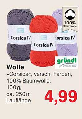 Wolle »Corsica«, versch. Farben, 100% Baumwolle, 100 g, ca. 250 m Lauflänge