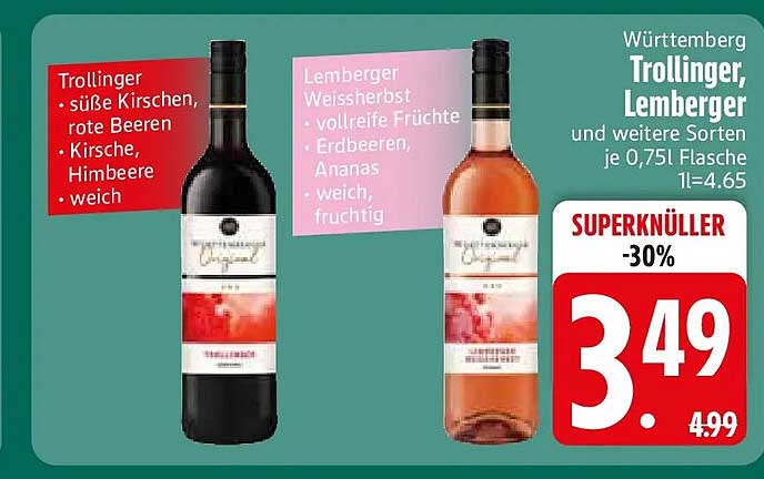 Württemberg Trollinger, Lemberger und weitere Sorten je 0,75l Flasche