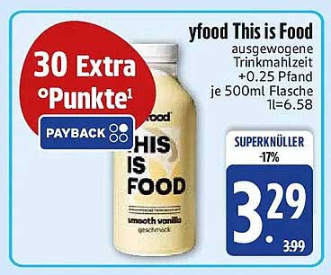 yfood This is Food ausgewogene Trinkmahlzeit +0.25 Pfand je 500ml Flasche 1l=6.58