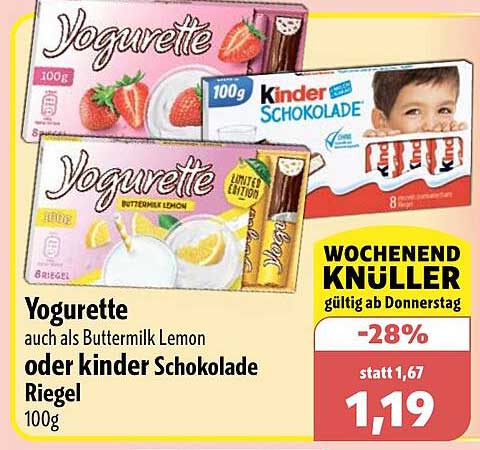 Yogurette auch als Buttermilch Lemon oder kinder Schokolade Riegel 100g