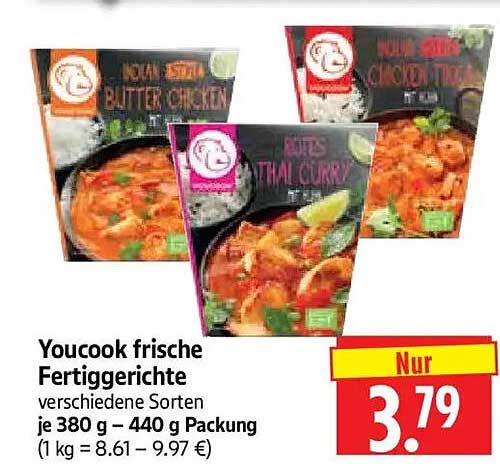 Youcook frische Fertiggerichte verschiedene Sorten je 380 g – 440 g Packung (1 kg = 8.61 – 9.97 €)