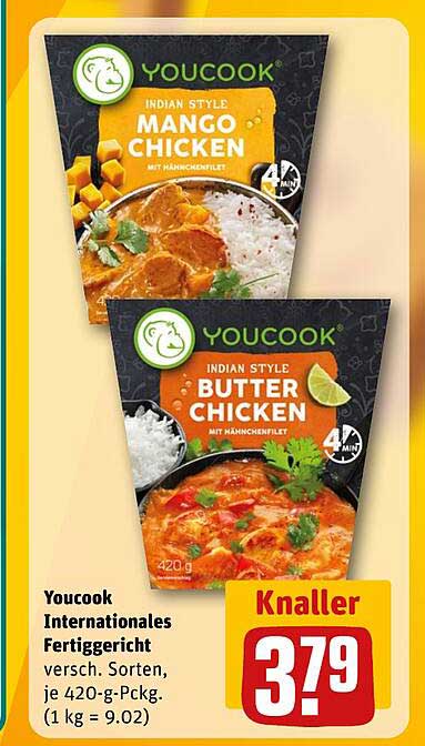 Youcook Internationales Fertiggericht versch. Sorten, je 420-g-Packg. (1 kg = 9.02)
