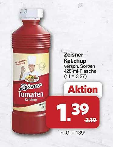 Zeisner Ketchup versch. Sorten 425-ml-Flasche (1 l = 3.27)