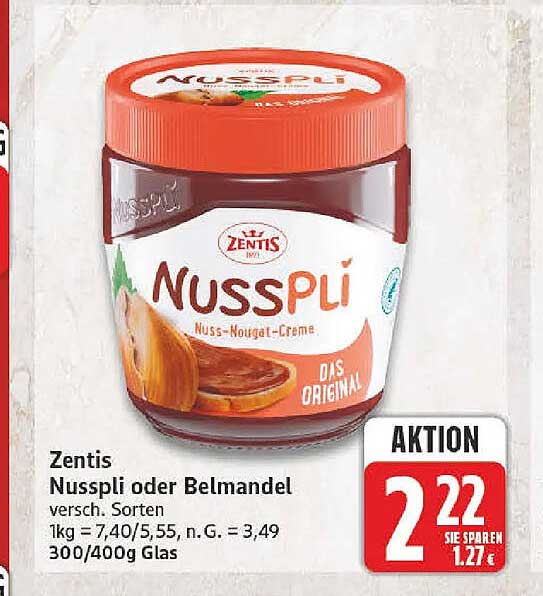 Zentis Nusspli oder Belmandel versch. Sorten 300/400g Glas
