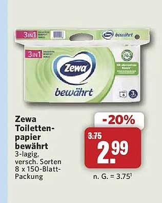 Zewa Toilettenpapier bewährt 3-lagig, versch. Sorten 8 x 150-Blatt-Packung