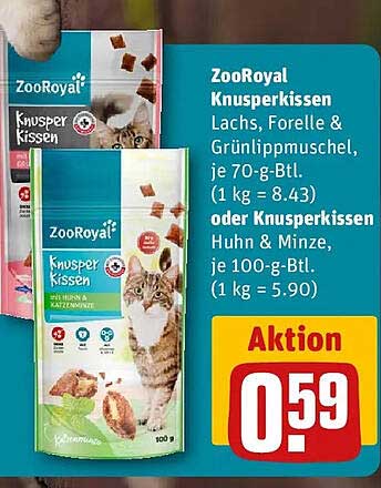 ZooRoyal Knusperkissen Lachs, Forelle & Grünlippmuschel, je 70-g-Btl. (1 kg = 8.43) oder Knusperkissen Huhn & Minze, je 100-g-Btl. (1 kg = 5.90)