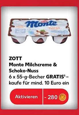 ZOTT Monte Milchcreme & Schoko-Nuss 6 x 55-g-Becher GRATIS* – kaufe für mind. 10 Euro ein