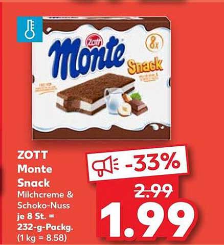 ZOTT Monte Snack Milchcreme & Schoko-Nuss je 8 St. = 232-g-Pack. (1 kg = 8.58)