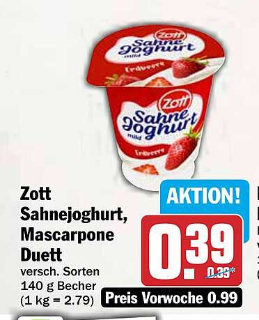 Zott Sahnejoghurt, Mascarpone Duett versch. Sorten 140 g Becher (1 kg = 2.79)