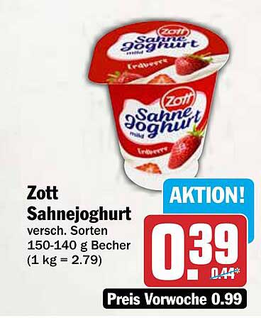 Zott Sahnejoghurt versch. Sorten 150-140 g Becher (1 kg = 2.79)