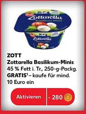 ZOTT Zottarella Basilikum-Minis 45 % Fett i. Tr., 250-g-Packg. GRATIS1- kaufe für mind. 10 Euro ein