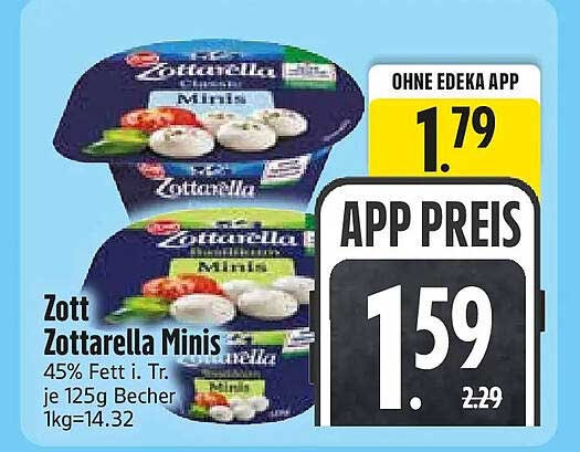 Zott Zottarella Minis 45% Fett i. Tr. je 125g Becher 1kg=14.32