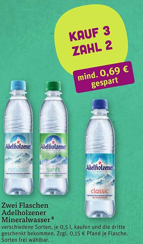 Zwei Flaschen Adelholzener Mineralwasser 8 verschiedene Sorten, je 0,5 l, kaufen und die dritte geschenkt bekommen. Zzgl. 0,15 € Pfand je Flasche. Sorten frei wählbar.