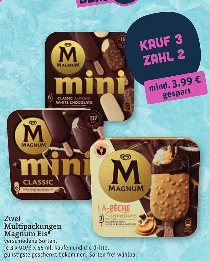 Zwei Multipackungen Magnum Eis⁸ verschiedene Sorten, je 3 x 90/6 x 55 ml, kaufen und die dritte, günstigste geschenkt bekommen. Sorten frei wählbar.