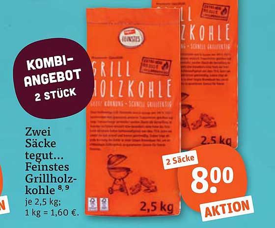 Zwei Säcke tegut... Feinste Grillholzkohle 2,5 kg