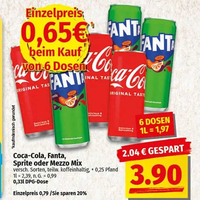 Coca-Cola, Fanta, Sprite oder Mezzo Mix – 6 Dosen zum Aktionspreis