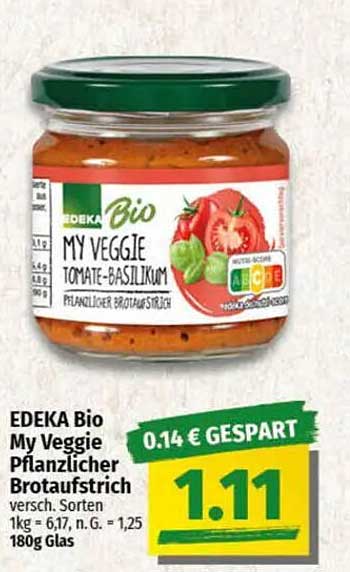 EDEKA Bio My Veggie Tomate-Basilikum pflanzlicher Brotaufstrich 180g