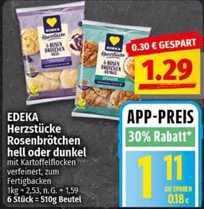 EDEKA Herzstücke Rosenbrötchen hell oder dunkel - 6 Stück im 510g Beutel