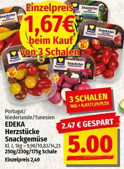 EDEKA Herzstücke Snackgemüse – 3 Schalen für nur 5,00 €